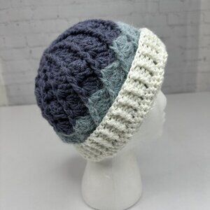 Handmade Crochet Virgin Wool Beanie Hat Blue White‎ Colorblock Textured Knit NEW